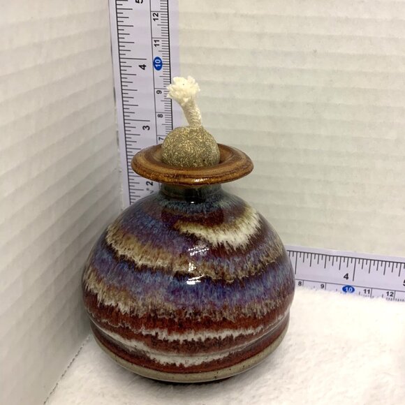 Drip Glazed Pottery Oil Lamp Handcrafted Signed Hough Footed Unused - Picture 3 of 4